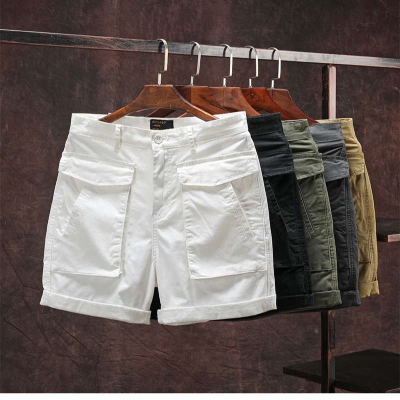 夏季休闲工装短裤男复古水洗宽松直筒多口袋五分裤微弹力纯棉中裤