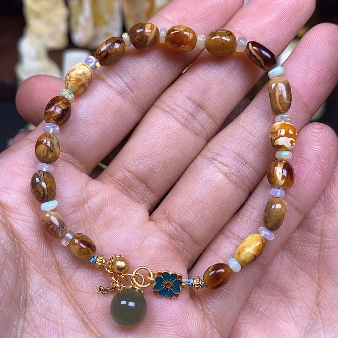 蜜蜡裸石银S925镀金镶嵌6mm沁色花蜡diy豆豆手串