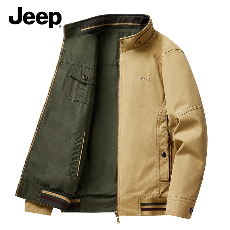 JEEP吉普秋冬新款男士双面穿夹克水洗棉休闲立领大码男上衣外套