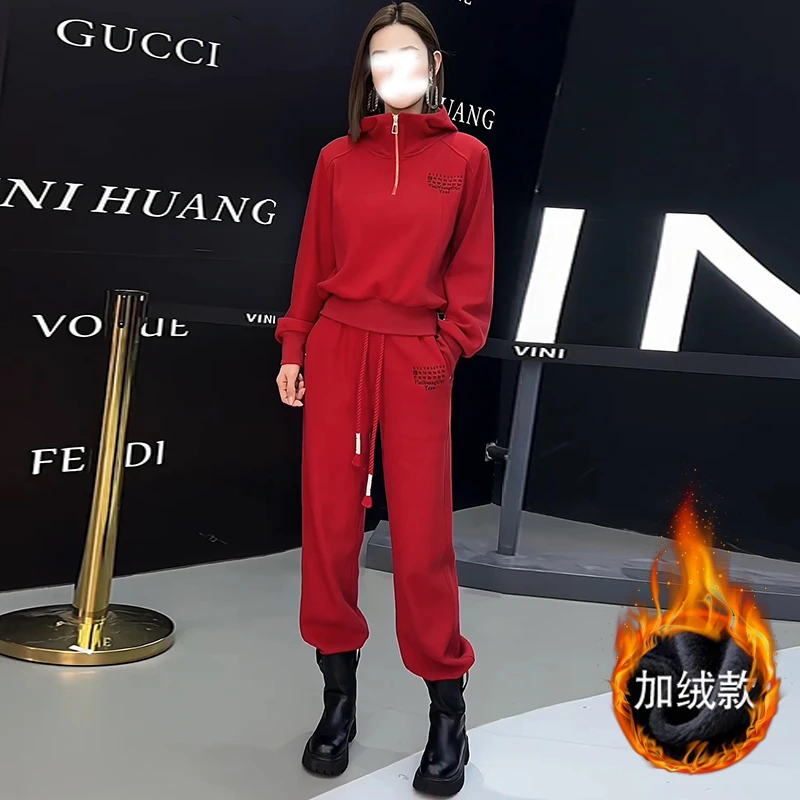 红色加绒加厚休闲运动套装女高级感网红连帽卫衣减龄洋气两件秋冬