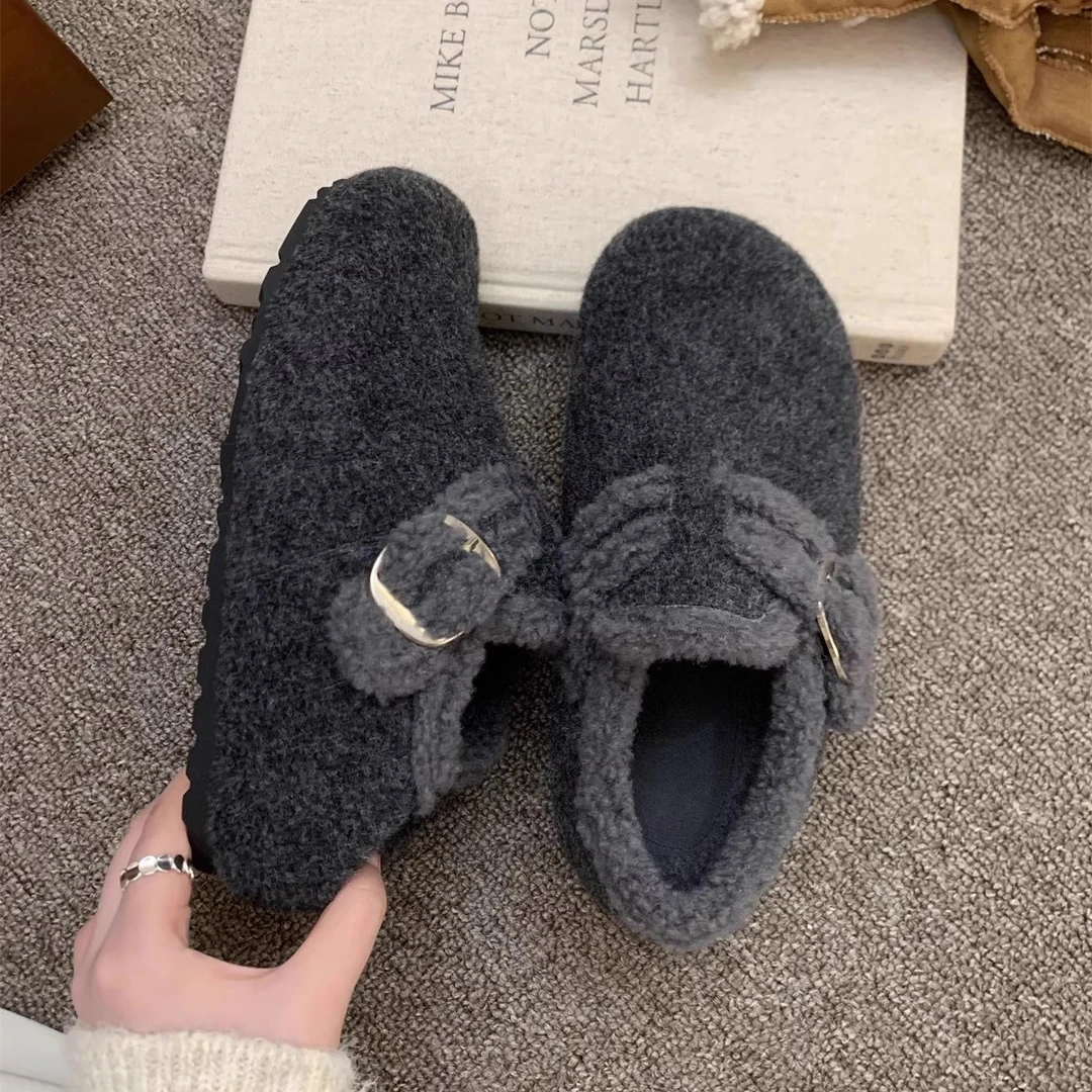 内增高~灰色毛毛鞋女冬外穿新款勃肯鞋女厚底加绒棉鞋呢子单鞋