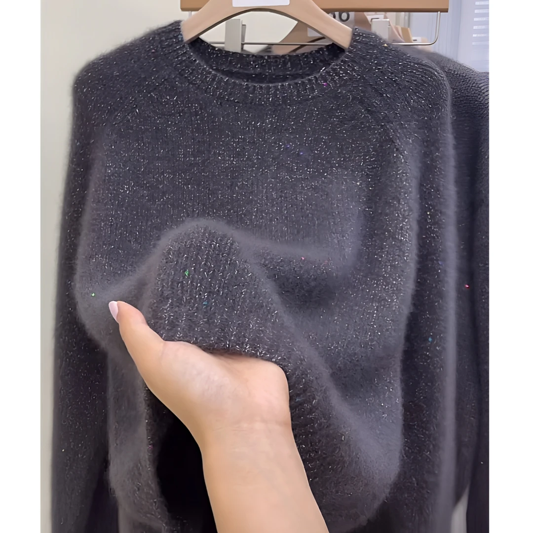 欧货设计感灰色慵懒风针织羊毛毛衣女2025高级感彩纱百搭上衣