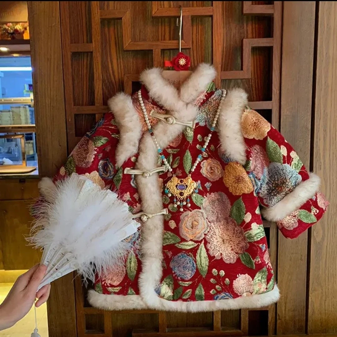 女童拜年服冬季2024新款加厚宝宝汉服过新年衣服中国风旗袍裙唐装