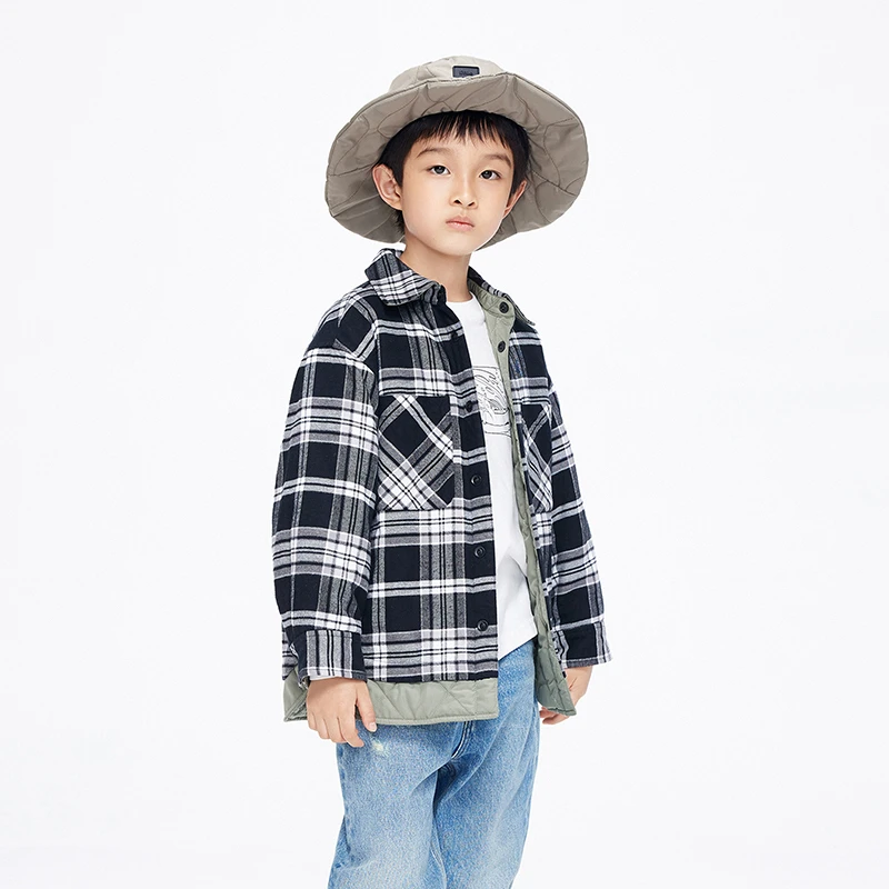 little moco童装22秋冬装新款男童假两件格纹外套夹克#KBB4QJK014