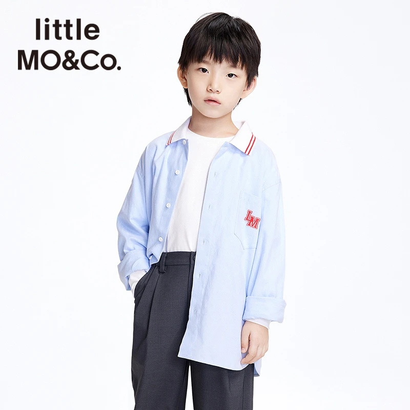 little moco童装男大童纯棉长袖衬衫翻领印花上衣蓝色#KBB1SHT013