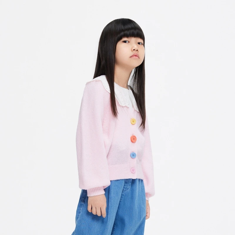 little moco童装22秋装新款女童V领长袖毛织外套开衫#KBB3CART01