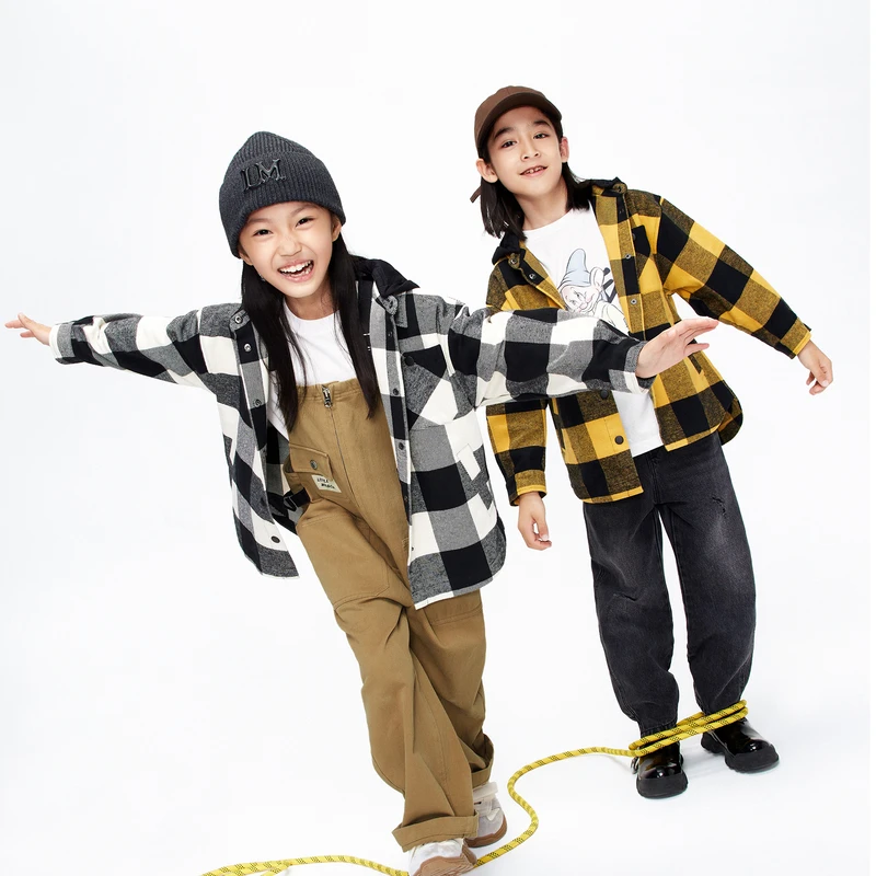 little moco童装22秋装新款男女童连帽外套格纹夹克#KBB3JKT039