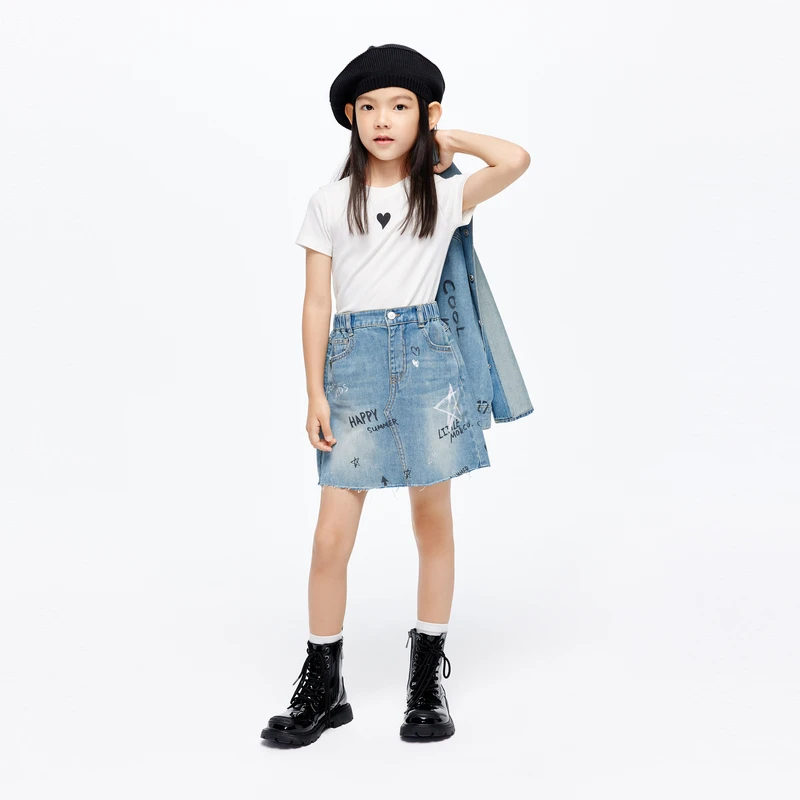 littlemoco童装24夏装新款女童纯棉牛仔短裙毛边半裙#KBD2SKT016