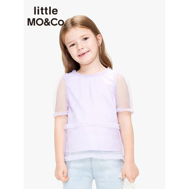 littlemoco童装夏季女童拼接网纱短袖T恤圆领时尚上衣#KBB2TOPT09