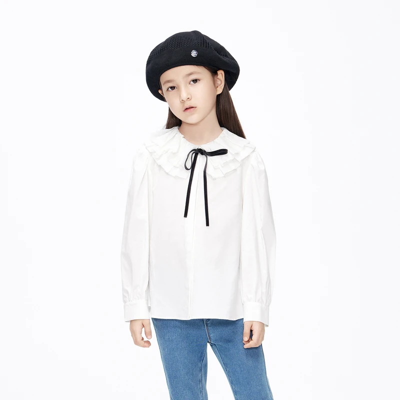 little moco童装23秋装新款女童娃娃领长袖白衬衫衬衣#KBC3SHT004