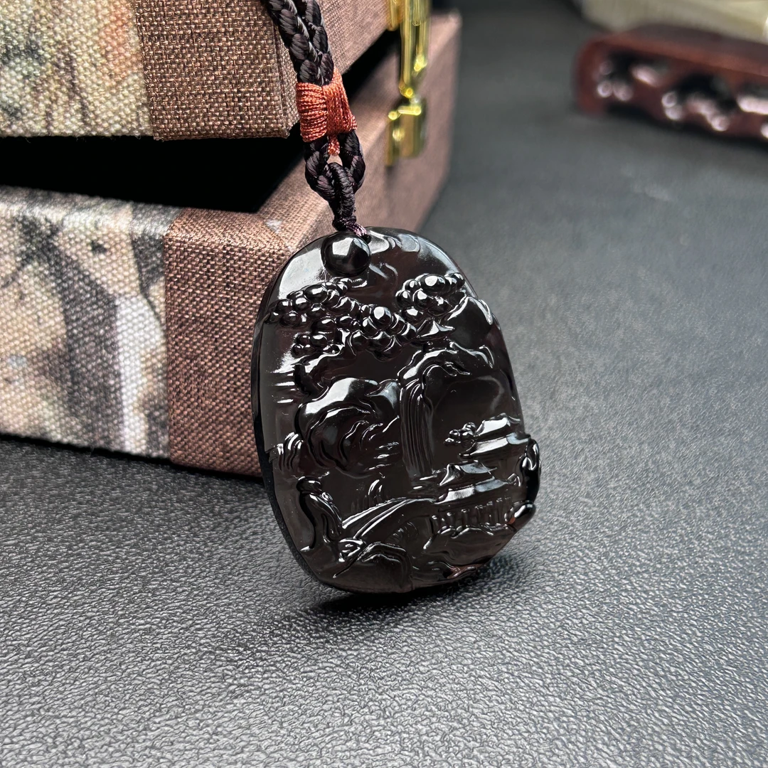 【宠粉福利】黑曜石山水牌吊坠男款黑耀岩玉石百搭女士挂件只发一件