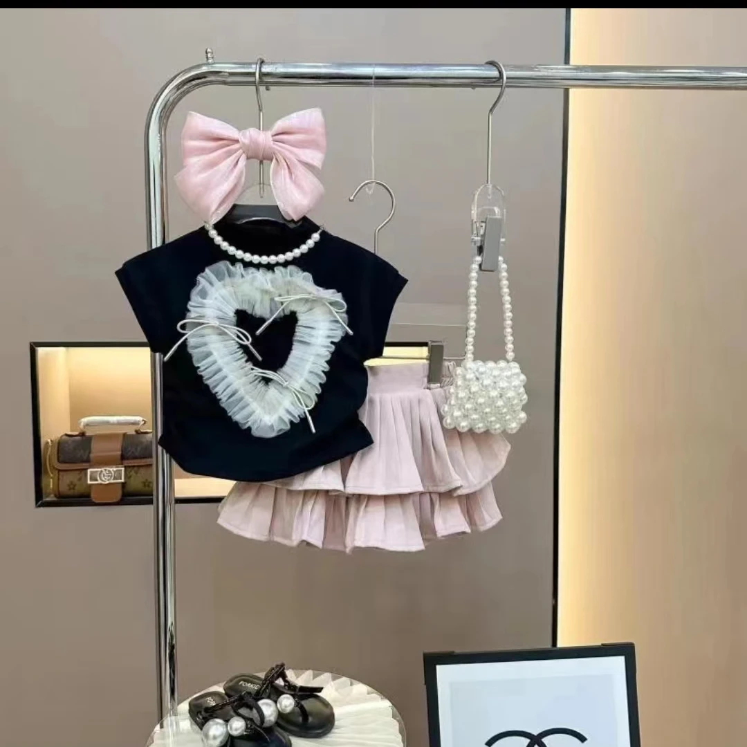 Y-N832【阿楠家甄选】女童夏装甜美爱心蕾丝夏季套装百褶时尚