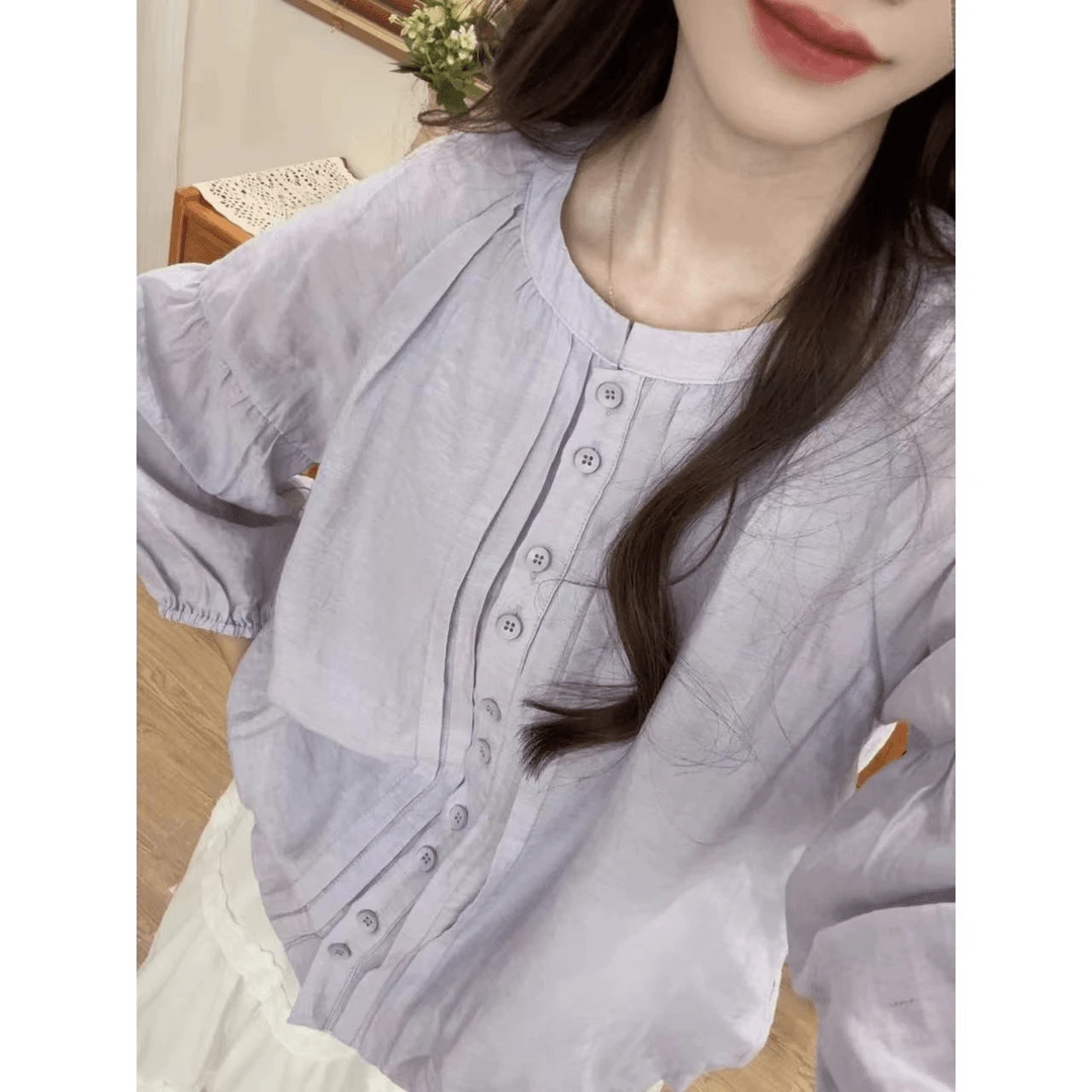 【五分糖】压褶春季八分袖衬衣女度假别致法式衬衫