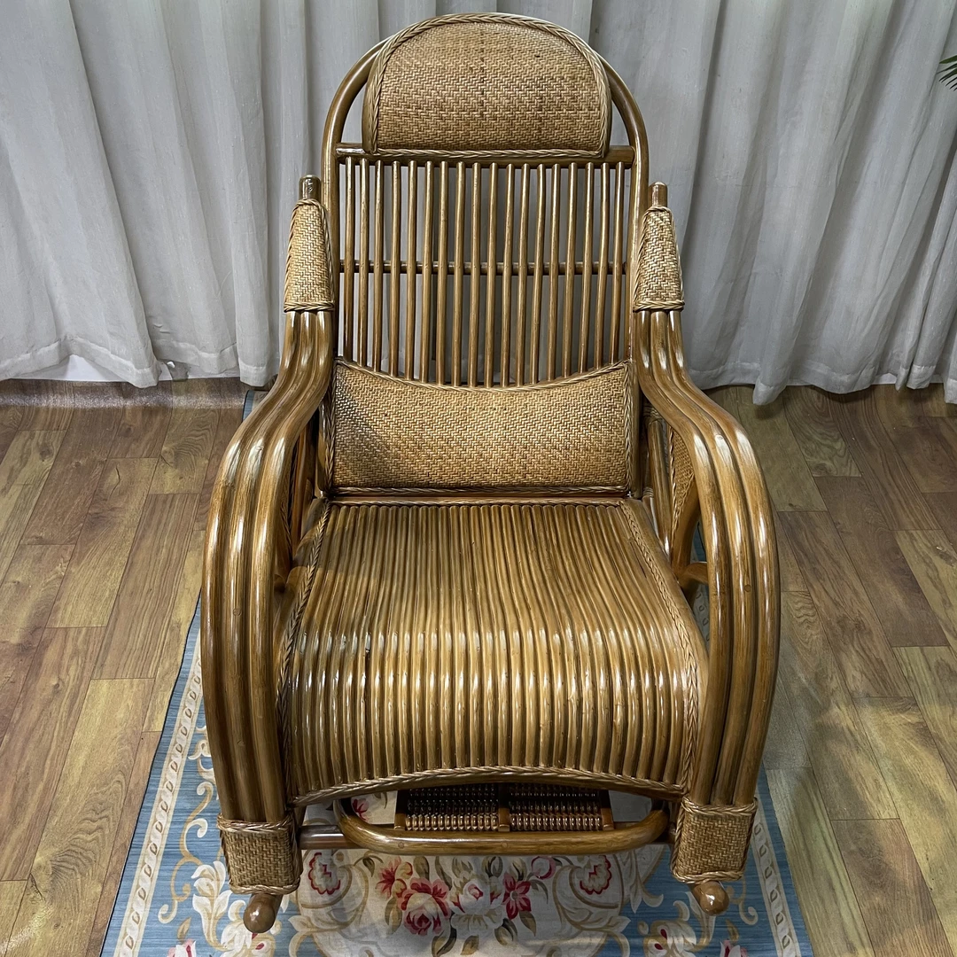 中号莲花摇椅真藤休闲椅藤木摇椅舒适双枕摇椅茶几