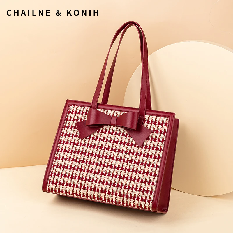 红色包包婚包女2025日常千鸟格高级感大容量单肩托特包新娘结婚包