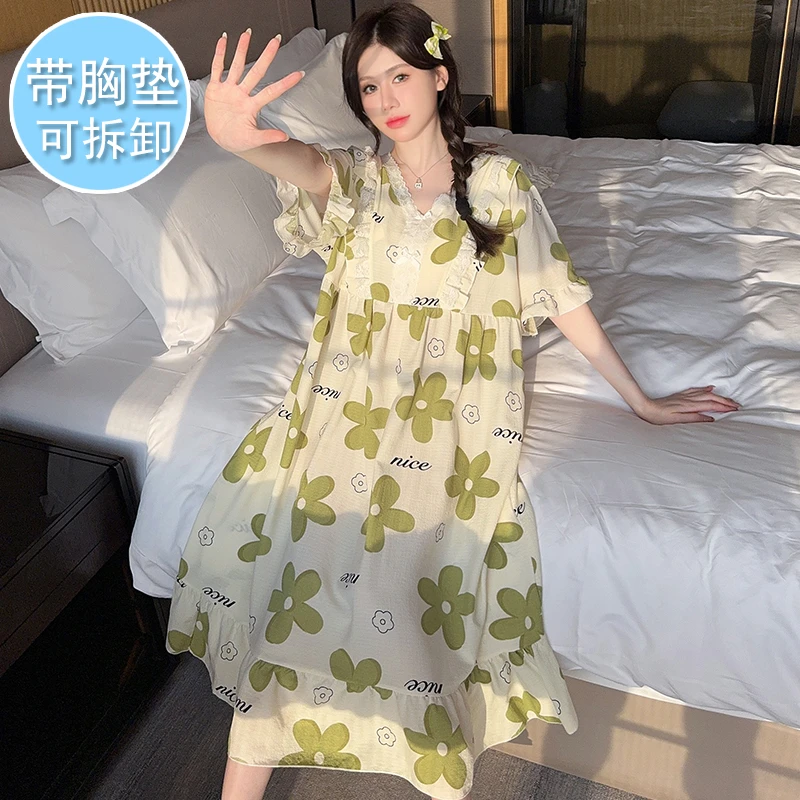 带胸垫短袖大码睡裙夏季新款纯棉加肥加大胖MM过膝夏天女士家居服