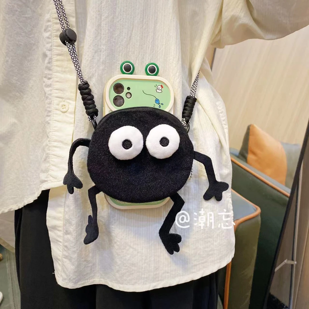 【钱包款背夹-不含壳】黑煤球卡通手机背夹斜挎手机链520礼物