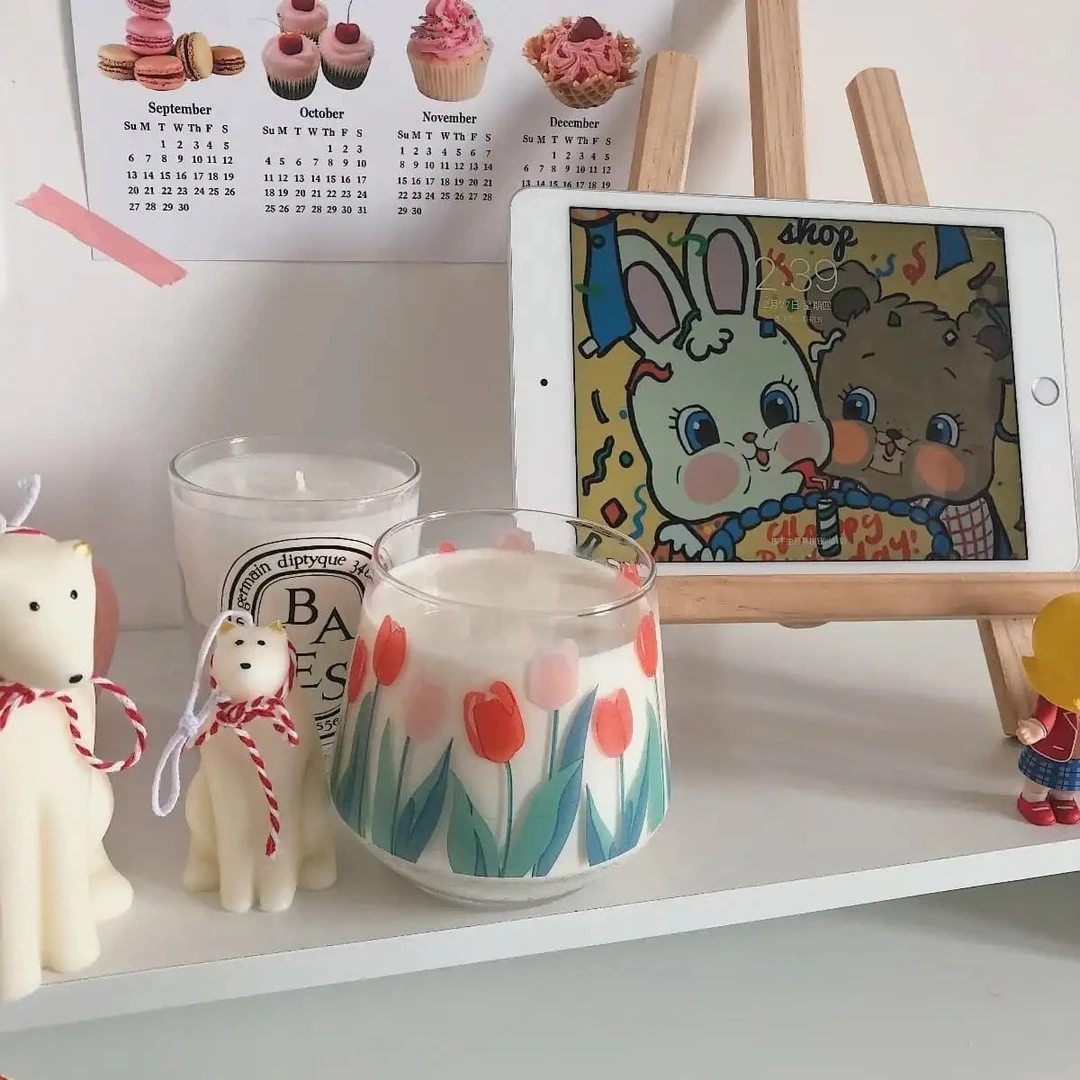 韩国小清新郁金香玻璃杯透明加厚复古少女心手绘花朵杯子温柔少女