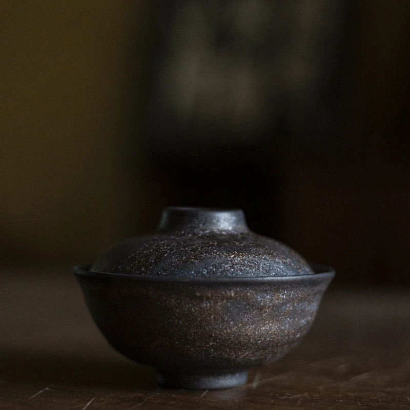 石纹鎏金小盖碗陶瓷纯手工中式茶具茶道器具泡茶碗盖碗(Q0655)