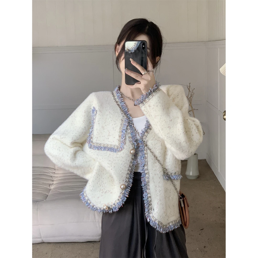 3169小香风时尚百搭双面绒外套韩版宽松外套开衫毛衣气质