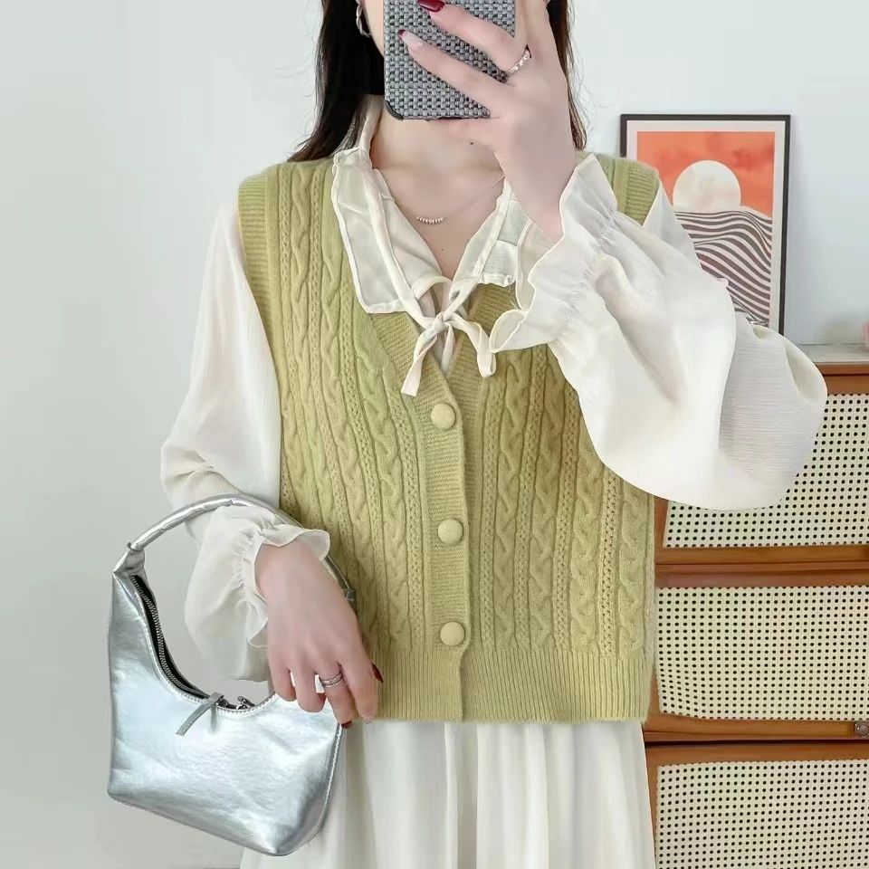 1683慵懒休闲温柔风针织马甲背心女秋冬韩版宽松百搭外穿马夹