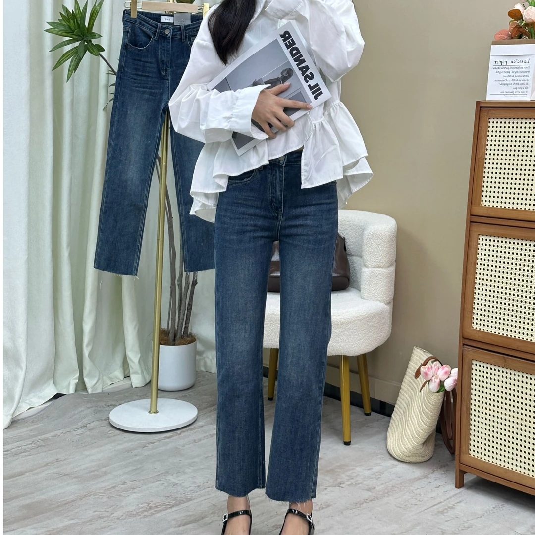 蓝色烟管直筒牛仔裤女24年春秋显瘦时尚百搭韩版潮流八九分小个子