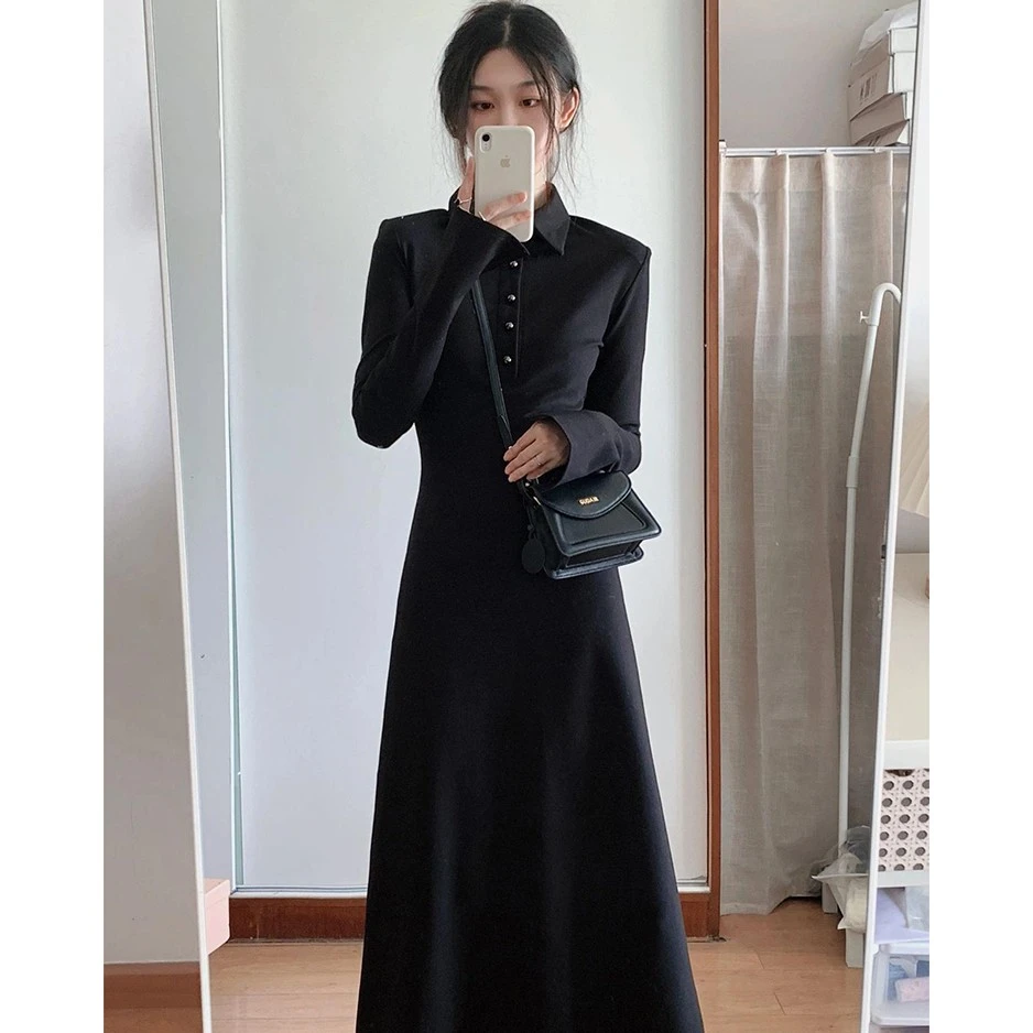 秋冬新款黑色POLO长袖连衣裙法式高级感包臀收腰A字打底衬衫裙