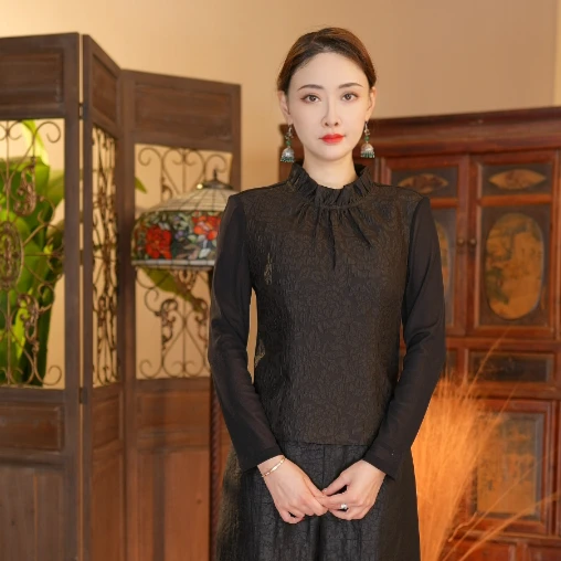 【十三仪】新中式黑色香云纱时尚秋冬提花打底小衫 HSY2959