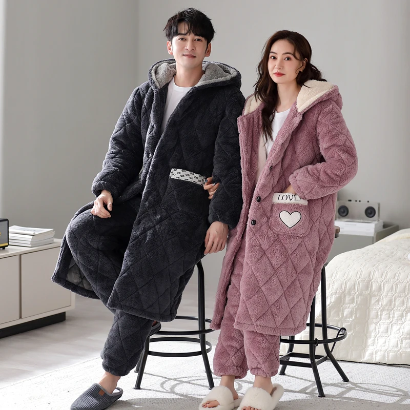 情侣睡衣女秋冬季珊瑚绒三层夹棉加厚男士加绒长款睡袍家居服套装