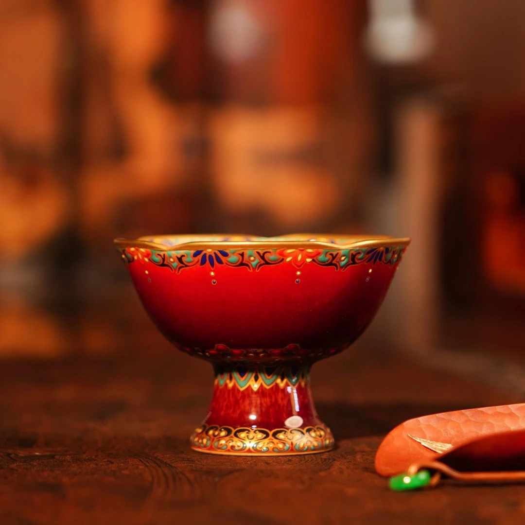 郎红错金银高脚杯  纯手工家用中式大号中式品茗喝茶韵主人杯陶瓷