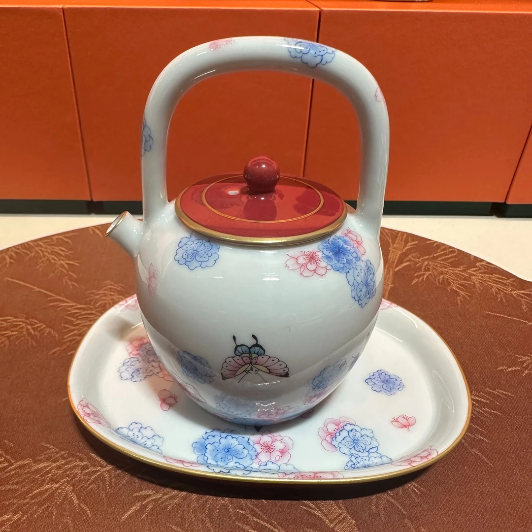 华隐堂   玫瑰红蝶恋花提梁壶   茶具茶杯纯手绘陶瓷纯手工银