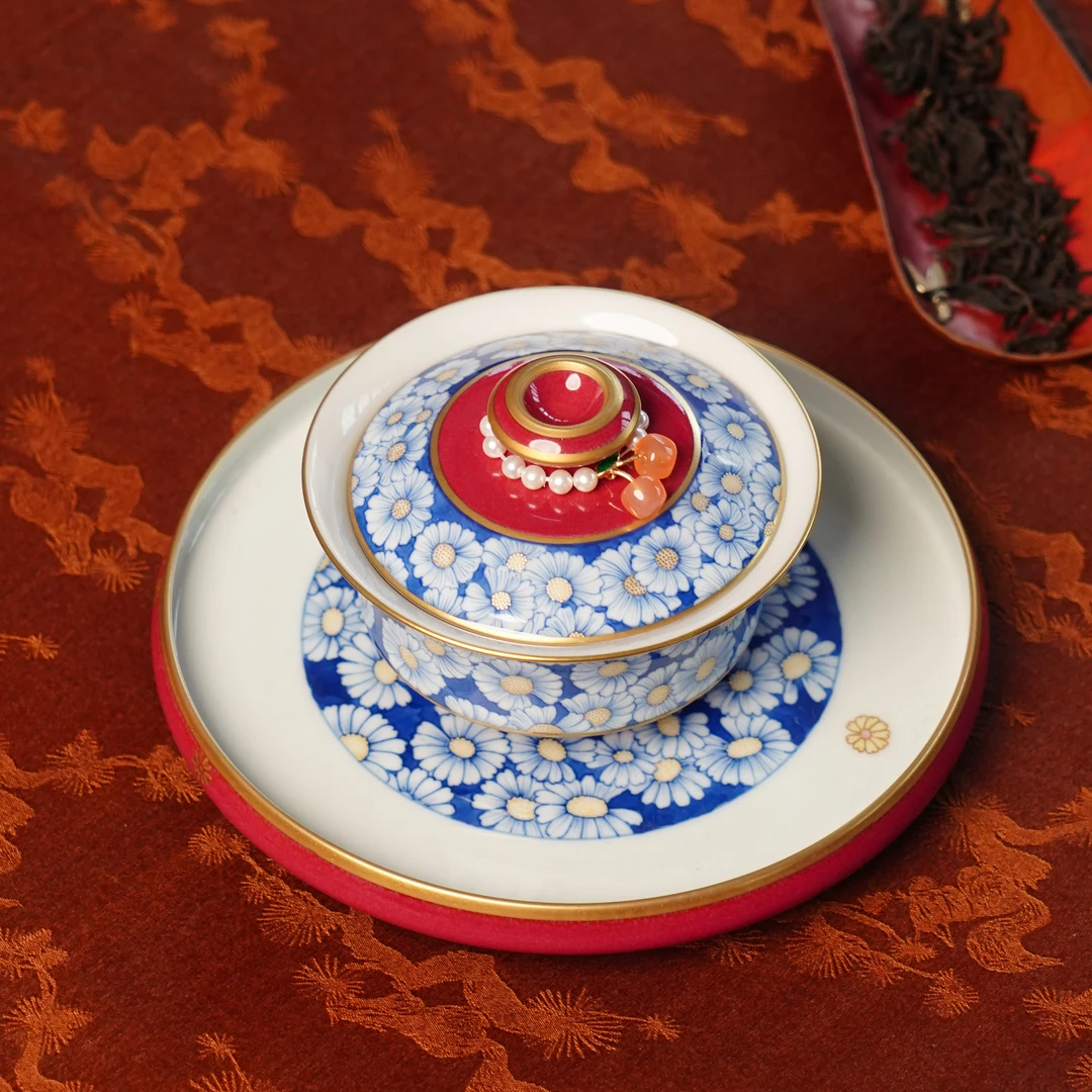 华隐堂   玫瑰红小雏菊盖碗     茶具中式茶道手工盖碗  HYT2321