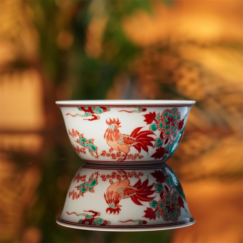 莲画堂   红绿彩公鸡鸡缸杯    陶瓷茶器茶饮纯手工手作