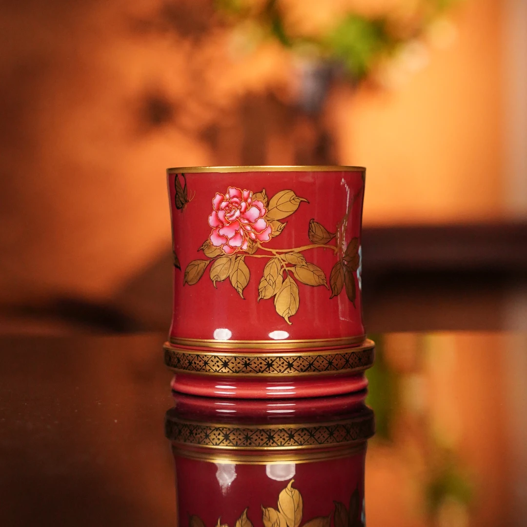 华隐堂   茱萸红牡丹转转杯  茶具茶杯纯手绘陶瓷纯手工  HYT2811