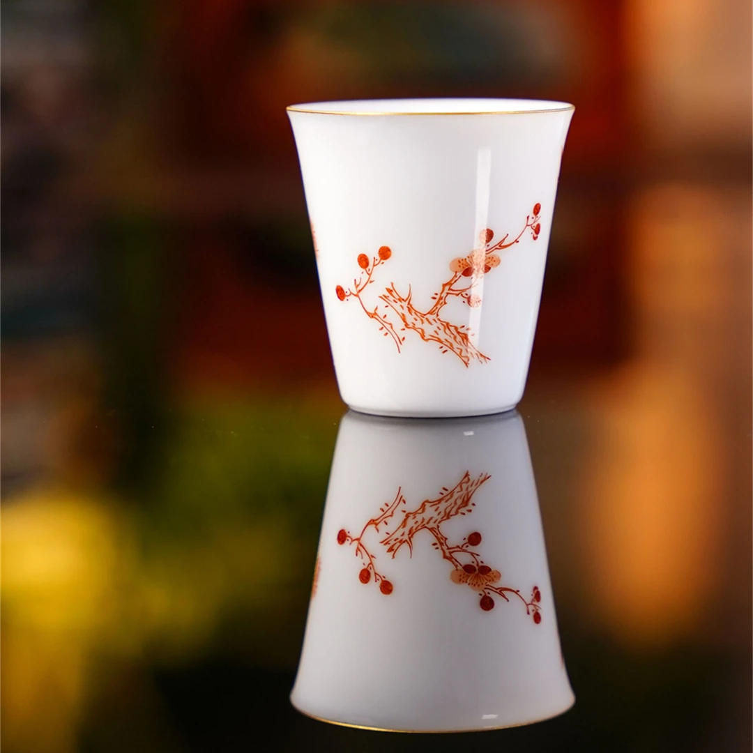 合吾   白地矾红松竹梅直口杯   茶具中式茶道手绘茶杯喝茶饮茶银