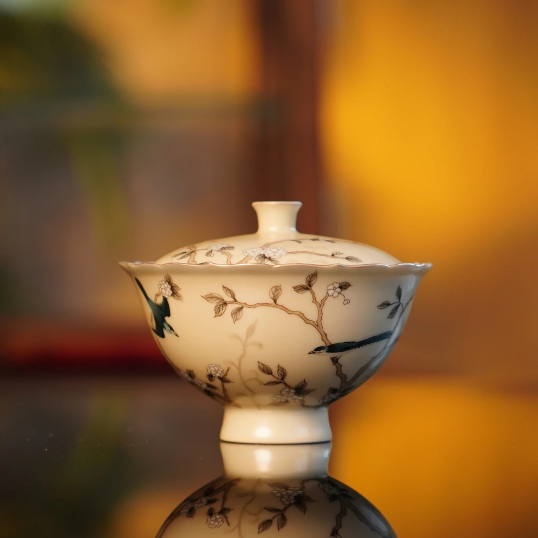 合吾  萱草莺飞盖碗  茶具中式茶道手作纯手工陶瓷饮茶  HWDZ1389