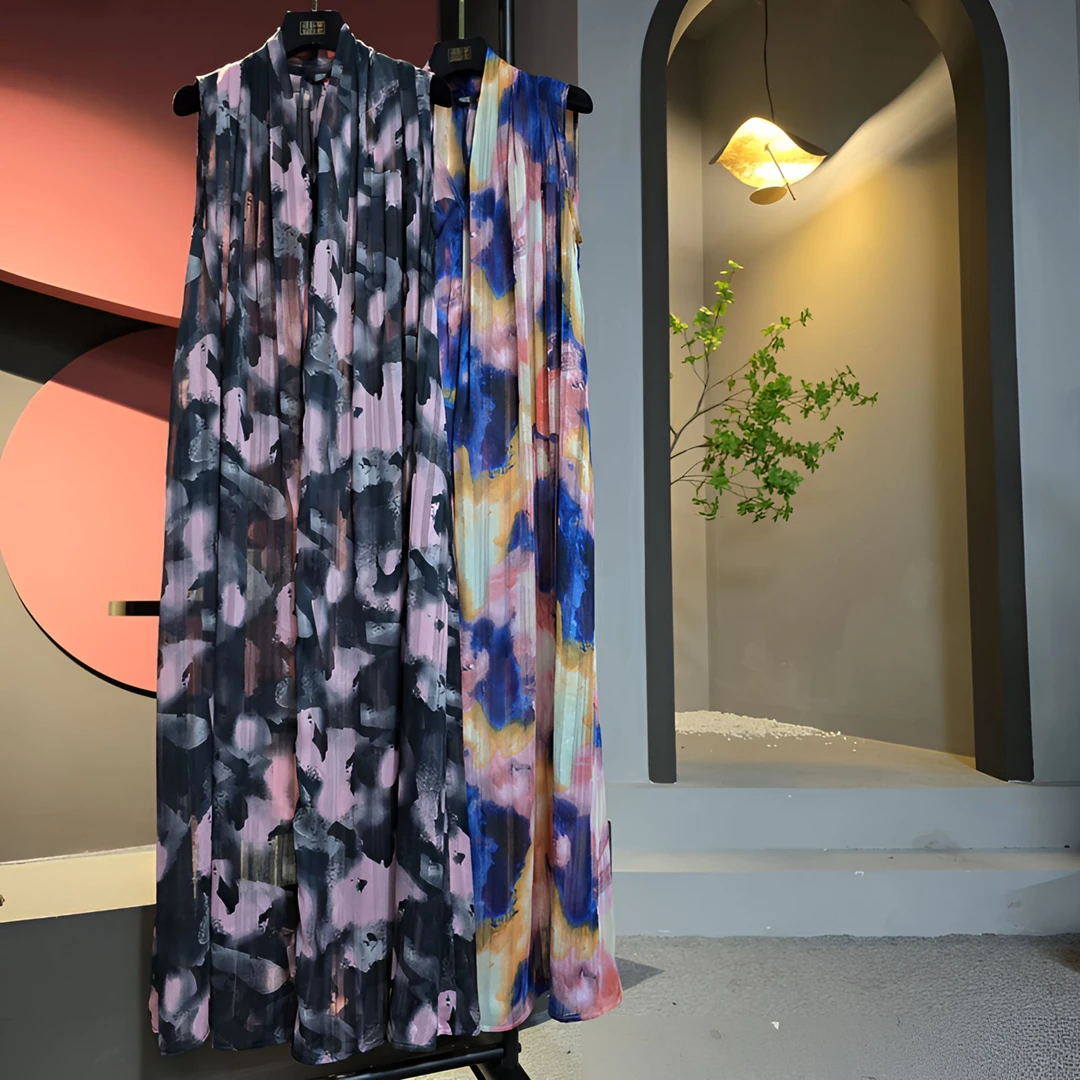 曹掌柜（建议手洗）夏季新款气质显瘦金线雪纺宽松长款无袖连衣裙