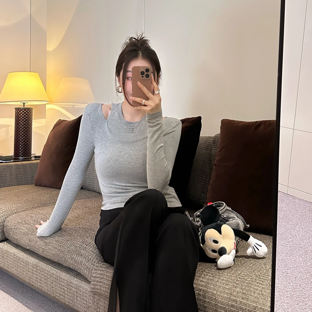 「子熙原创」秋季新款上衣女假两件设计感长袖3604（有垫肩可拆卸）