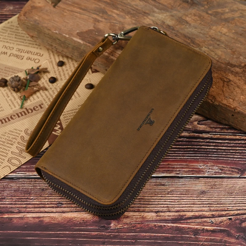 欧美复古休闲头层牛皮男士时尚长款钱包大容量真皮手包便携手拿包