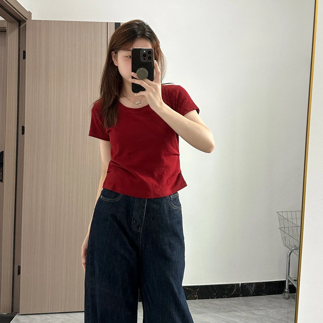 「黑皮锁住」人手一件夏末压轴红色螺纹短袖上衣（ML穿到135斤衣长48