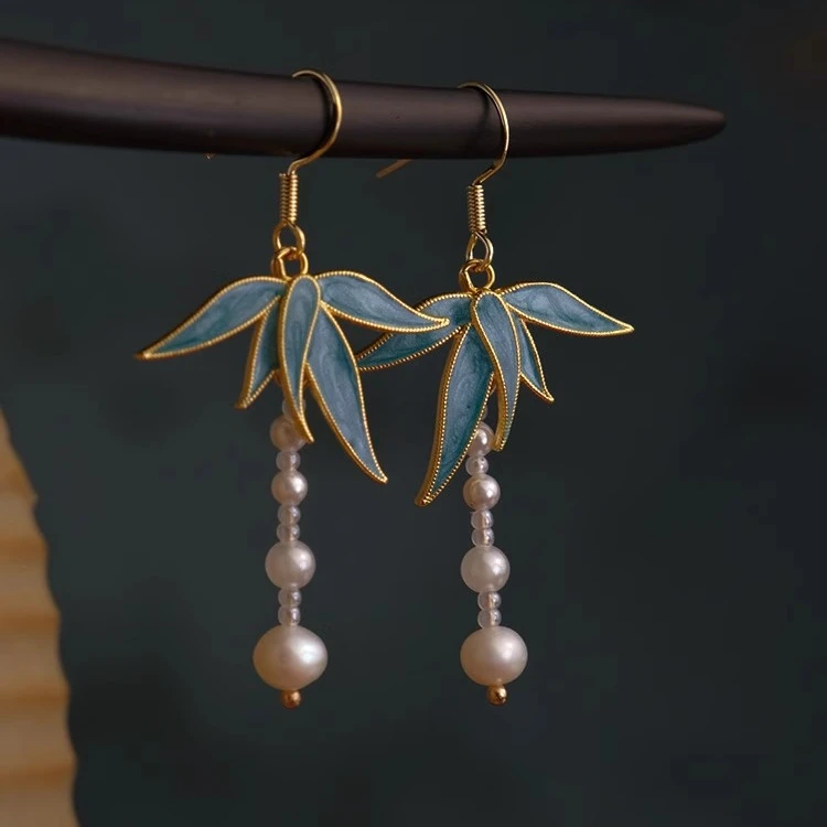 铜合金布艺耳饰 竹叶国风耳钉长款汉服配饰耳环手工气质古风百搭