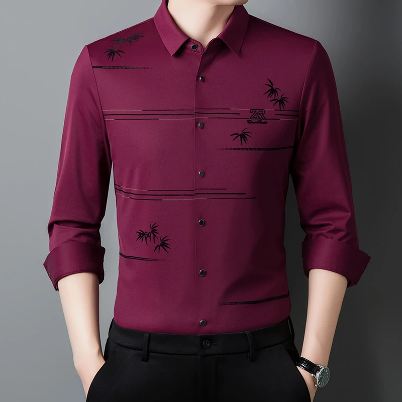春秋季长袖衬衫男士高档时尚薄款免烫休闲衬衣中年结婚红色爸爸装