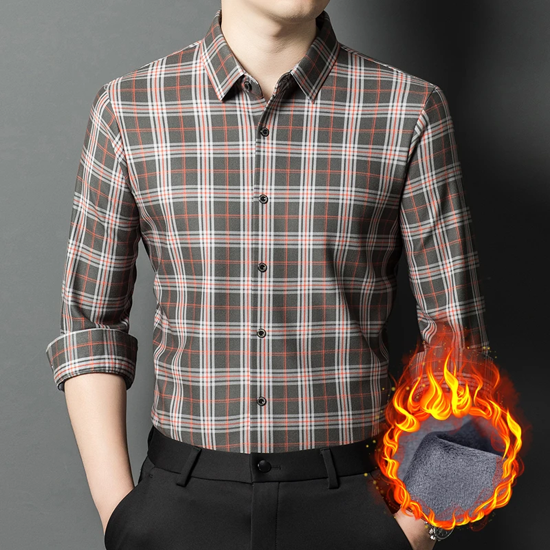 长袖衬衣男士秋冬新款加绒加厚免烫衬衫中老年休闲百搭格子衫冬季