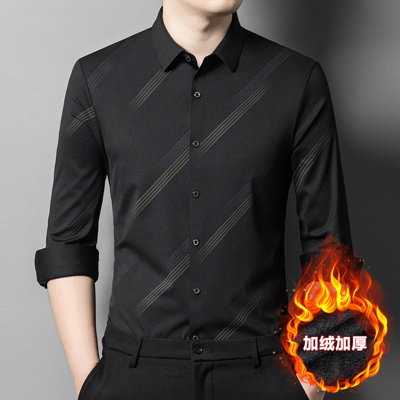 男士衬衫长袖秋冬款加绒保暖休闲条纹衬衣高档时尚中年爸爸装