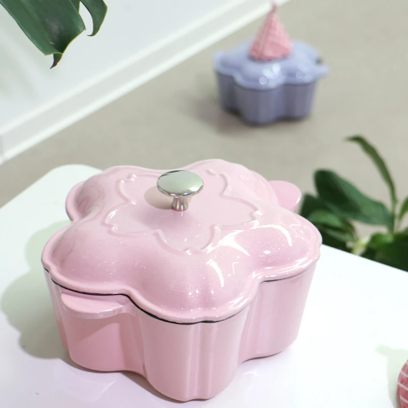 QULENO千乐欧樱花锅闪光釉面花朵锅珐琅锅铸铁锅