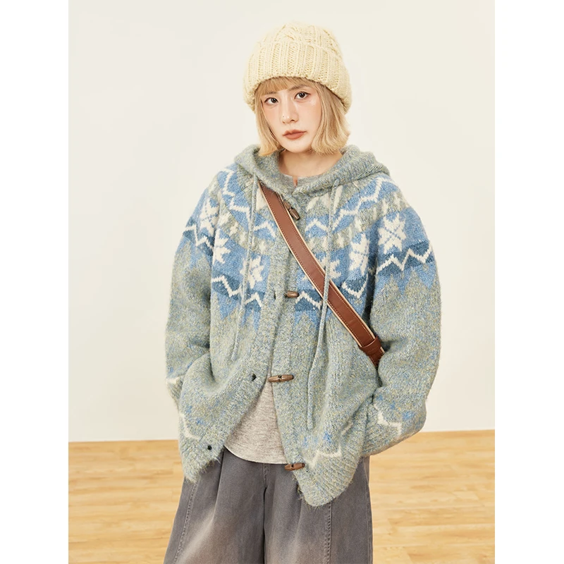 hothorse/火山马MZ09058 秋冬原木牛角扣费尔岛复古宽松开衫毛衣