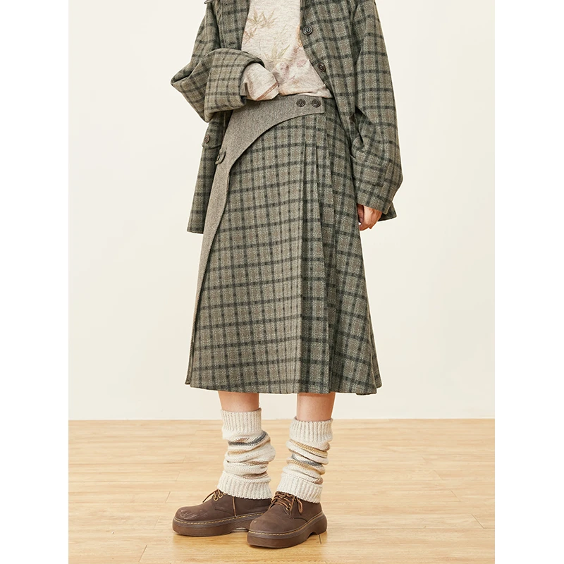 hothorse/火山马QZ09055秋季日系复古格纹休闲百搭小个子A字裙