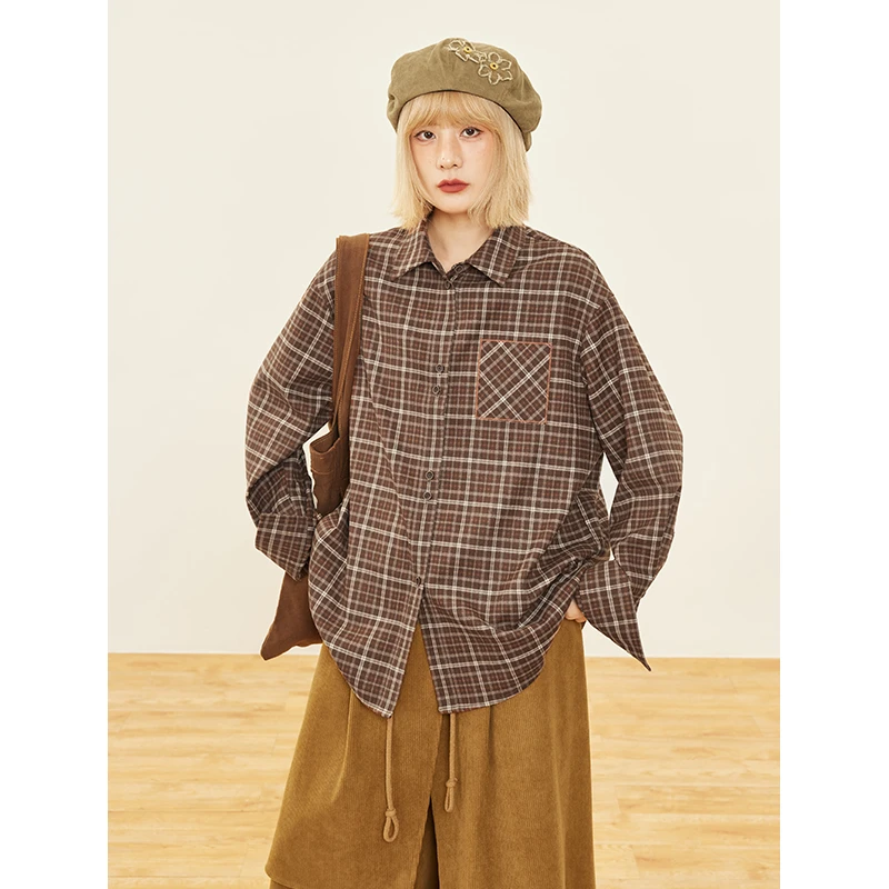 hothorse/火山马CS09069衬衫长袖裁贴布绣小众中性格纹宽松休闲