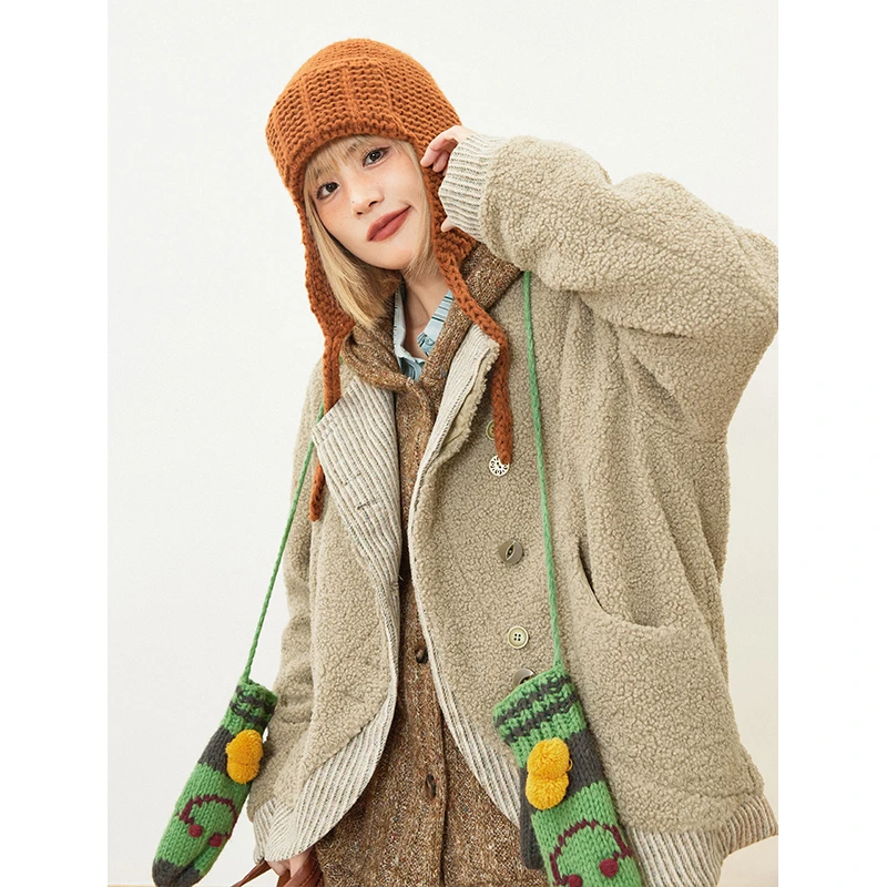 hothorse/火山马WT08158复古拼接休闲秋冬加棉保暖羔毛外套