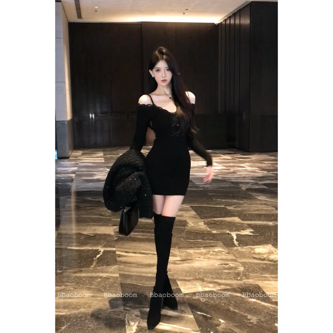 现货暴暴家 一字肩针织蕾丝花边收腰修身连衣裙B0808